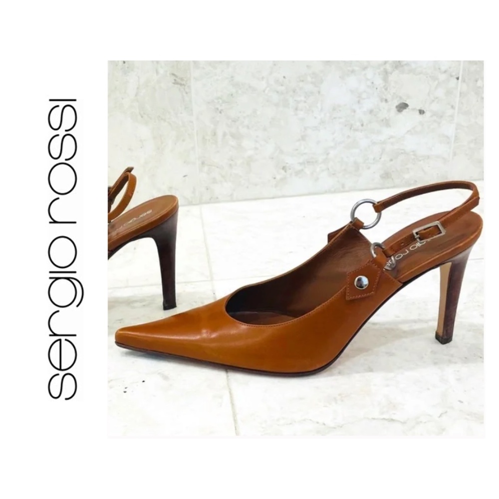 SERGIO ROSSI {39.5} Heels Slingback Leather Stiletto Tobacco Brown